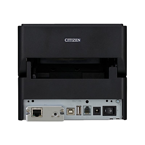 Schwarzer Drucker mit der Aufschrift "CITIZEN". Auf der Rückseite befinden sich Anschlüsse, darunter USB und Ethernet, sowie ein Ein- und Ausschalter.