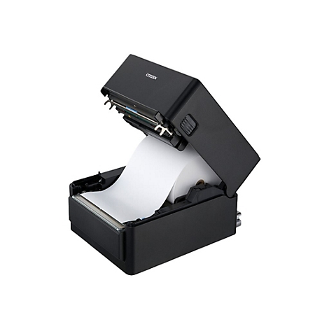 Ein schwarzer CITIZEN-Bondrucker, dessen Deckel geöffnet ist, wobei eine Rolle Papier sichtbar ist.