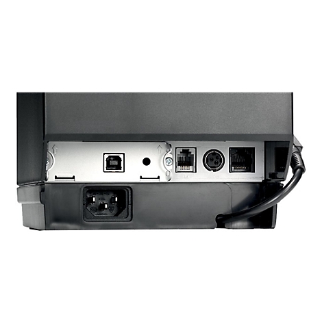 Rückseite eines schwarzen Druckers mit verschiedenen Anschlüssen: USB, Ethernet, Stromanschluss. Ein Kabel ist angeschlossen.