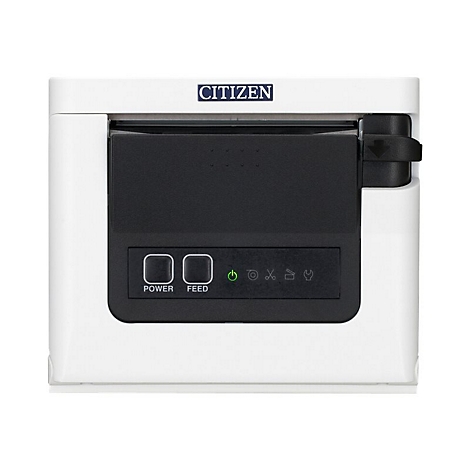 Weißer Citizen-Thermodrucker. Schwarze Bedienelemente, darunter Power und Feed-Knöpfe, grüne LED.
