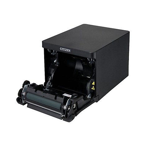 Ein schwarzer Drucker mit geöffneter Klappe, der die Innenausstattung zeigt. Der Schriftzug "CITIZEN" ist zu sehen.
