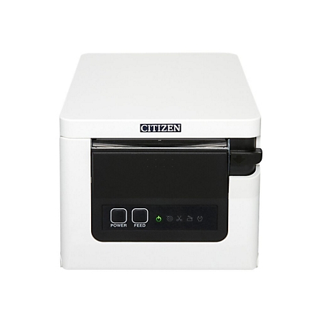 Weißer Citizen-Thermodrucker. Schwarzes Bedienfeld mit Knöpfen und Status-LEDs. Schriftzug 'Citizen'.