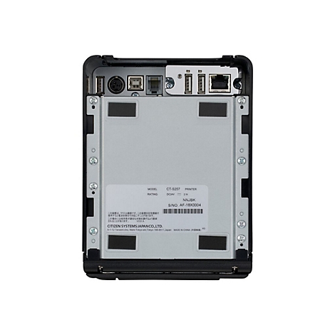 Rückseite eines Druckers mit Anschlüssen und Herstellerangaben. Textfelder mit Modellnummer, technischen Daten und Firmenlogo.