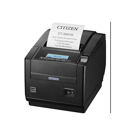Schwarzer CITIZEN Thermodrucker mit Papierausdruck. Auf dem Papier sind Produktinformationen aufgedruckt.