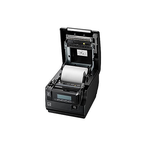 Schwarzer Etikettendrucker mit offener Klappe und Papierrolle. Bedienfeld mit Display.