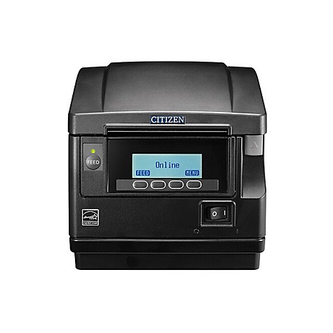 Schwarzer Citizen-Thermodrucker mit grün leuchtender Taste, blauem Display und „Online“-Anzeige. Oben steht „CITIZEN“, unten das Energy Star-Logo.