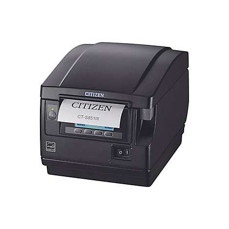 Schwarzer Citizen-Etikettendrucker mit Papierauswurf, CITIZEN-Logo, Energie-Effizienz-Label. Ein/Aus-Schalter.