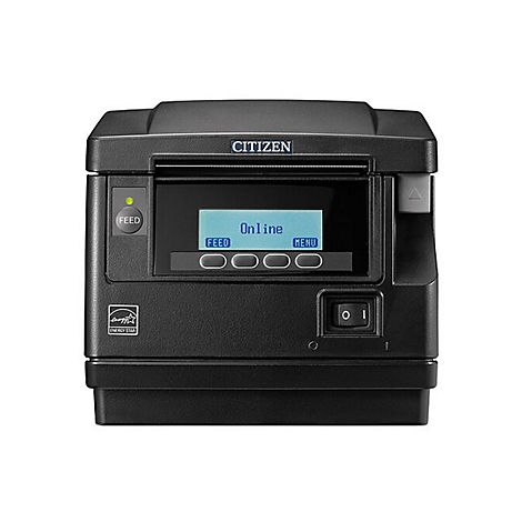 Schwarzer Citizen-Thermodrucker mit blauem Display, auf dem „Online“ steht. Ein- und Ausschalter ist sichtbar.