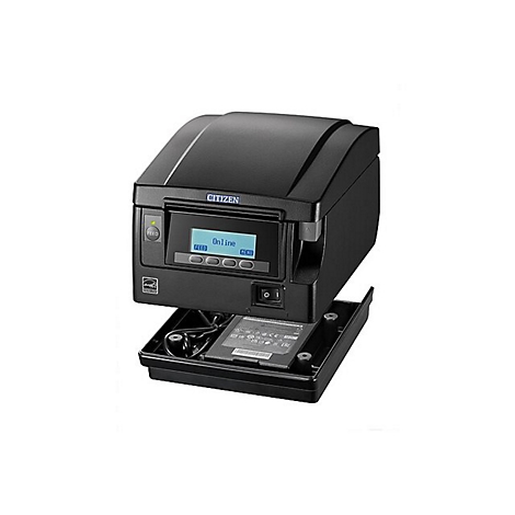 Schwarzer Citizen-Thermodrucker. Das Display zeigt „Online“ und Bedientasten. Darunter eine herausnehmbare Schublade.
