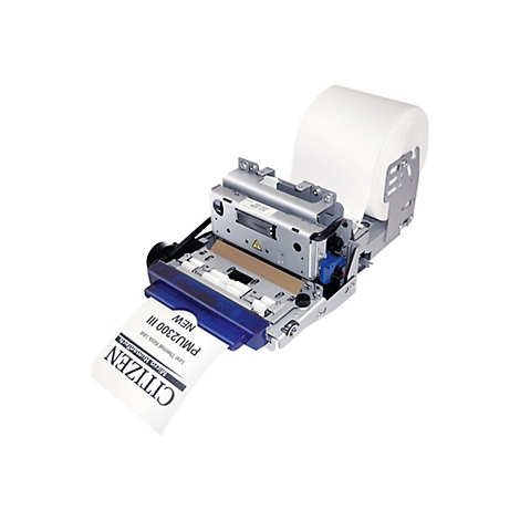 Eine Citizen PMU2300 III Thermodrucker. Der Drucker druckt auf Papier, das aus einer Rolle kommt, mit der Aufschrift Citizen.