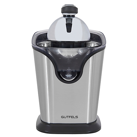 A silver citrus juicer with a black base and attachment. The attachment is round and chrome-plated. "GUTFELS" is written on the housing.