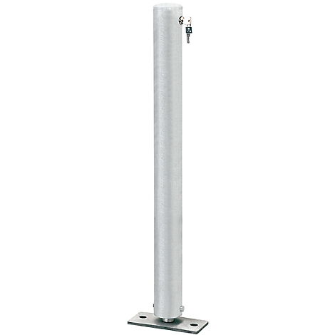 Silver bollard, cylindrical with key, mounted on plate.