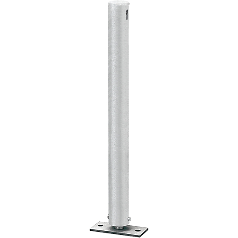 Silver cylindrical bollard attached to a rectangular base plate.
