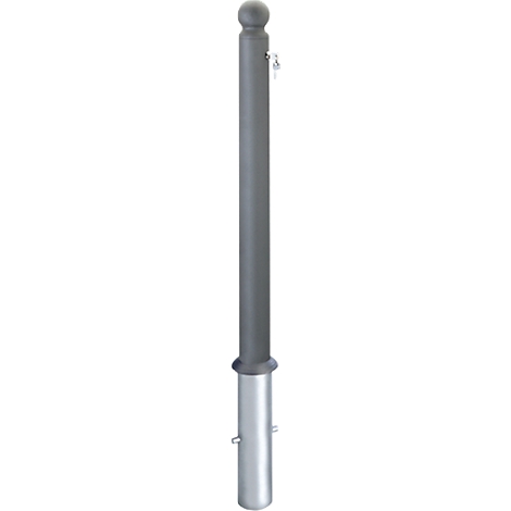 Image of a metallic exhaust pipe. The pipe has a cylindrical shape, with the base wider than the top, which has a rounded lid. It has some visible fasteners and is delimited by flanges at the base and top.