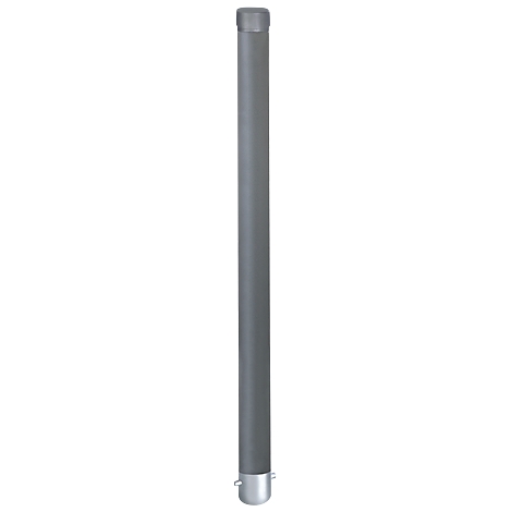 Cylindrical gray object with rounded edges. It stands on a small, silver base.