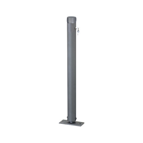 Gray cylindrical bollard with lid and key. It stands on a metal plate.