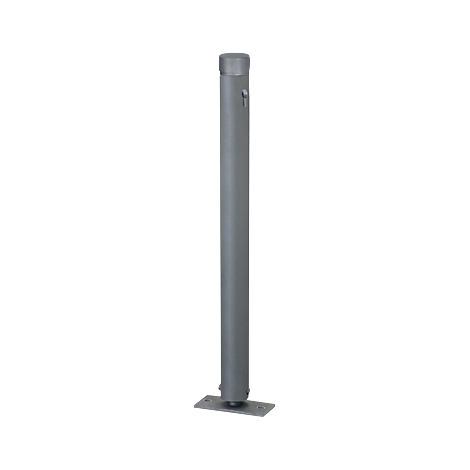 Gray cylindrical bollard with a square base plate. A round lid at the top, a handle on the side.