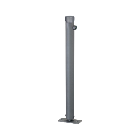 Gray cylindrical bollard with lid and side opening on a rectangular base. Metallic look.