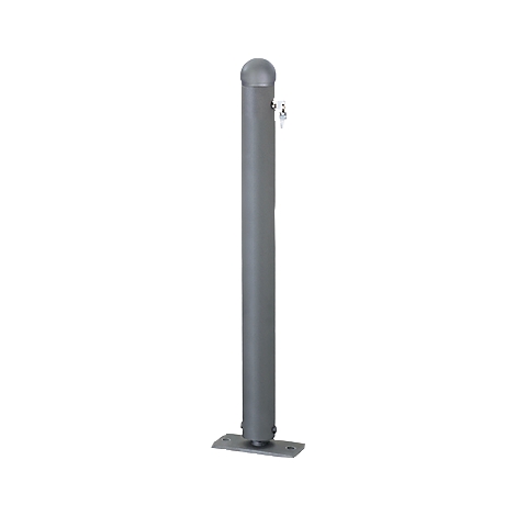 Gray metal bollard with dome top, faucet, and mounting plate.