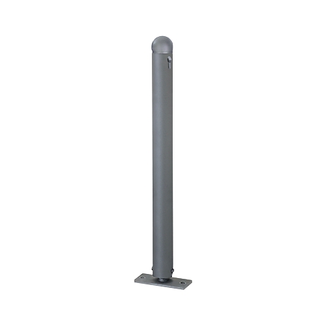 Grey bollard with rounded cap and rectangular base plate.