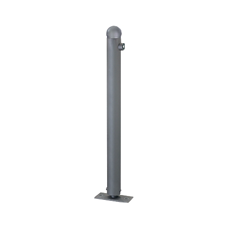 Grey bollard with a round head and base. A side pin protrudes from the top.