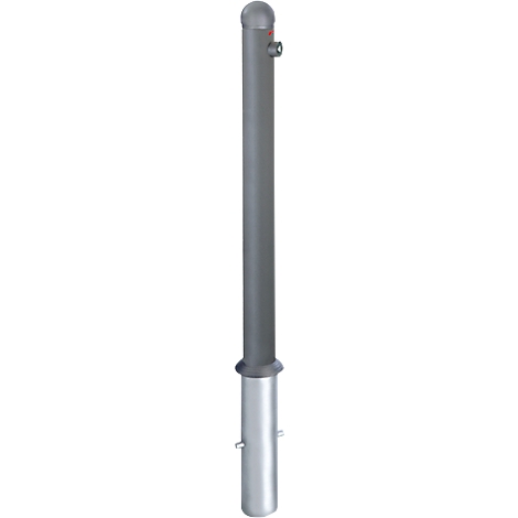 Gray, cylindrical bollard. Upper part with lid, below a round part, below a cylindrical base.
