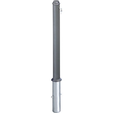 Gray pillar with rounded head and base. Metal pins are attached to the column.