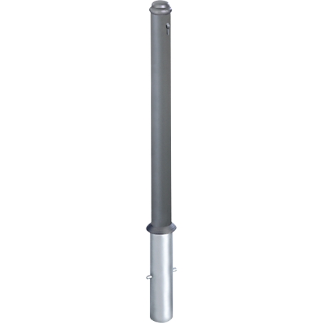 Cylindrical metal bollard in grey with rounded edges and two small eyelets.