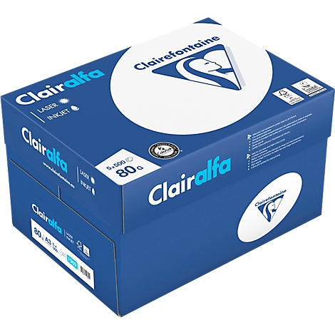 Blauwe papierdoos van Clairefontaine met de tekst Clairalfa, 80g en logo. Hoekige vorm, schuin van bovenaf gefotografeerd.
