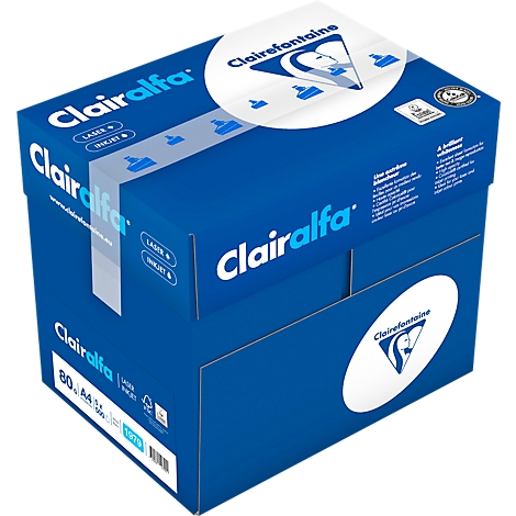 Blauwe Clairalfa-papierdoos. Inschriften: Clairalfa, Laser, Inkjet. Stickers met logo's.