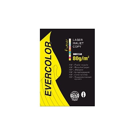 Papierverpackung Evercolor A4, 80g pro Quadratmeter, 100% Recyclingpapier auf schwarzem Hintergrund mit gelber Grafik.
