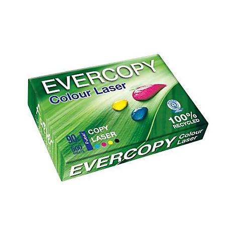 Papierpackung Evercopy Colour Laser, 500 Blatt, 100 Prozent recycelt, mit grüner Blattgrafik und Farbtropfen.