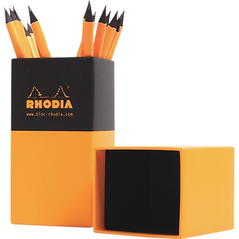 Pencil holder with pencils. Orange and black holder with logo and web address. Next to it an open, empty holder.