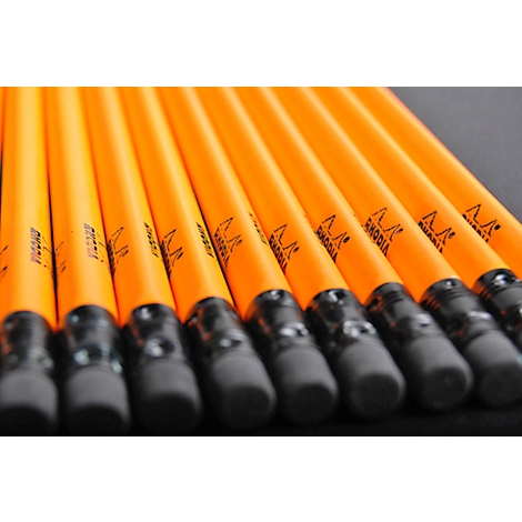 Row of yellow-orange pencils with erasers. Printed: RHODIA.