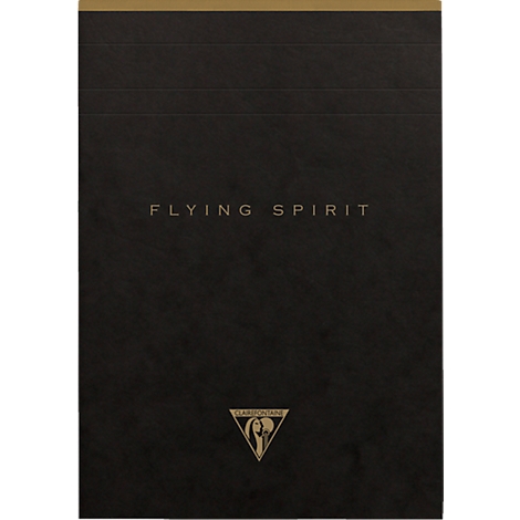 Schwarzes Notizbuch mit goldfarbenem Schriftzug "FLYING SPIRIT". Ein goldenes Dreieck mit Logo am unteren Rand.