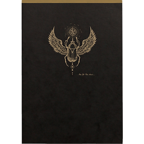 Goldener Skarabäus mit ausgebreiteten Flügeln, Kompass, Sterne und Text auf dunklem Hintergrund.