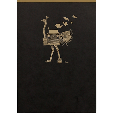 Illustration einer Strauss-Kreatur mit Schreibmaschine. Buchseiten schweben durch die Luft.