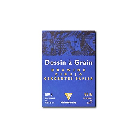 Paquet de papier à dessin bleu avec du texte en plusieurs langues. Au-dessus se trouve une esquisse, en dessous il est écrit "Dessin à Grain".