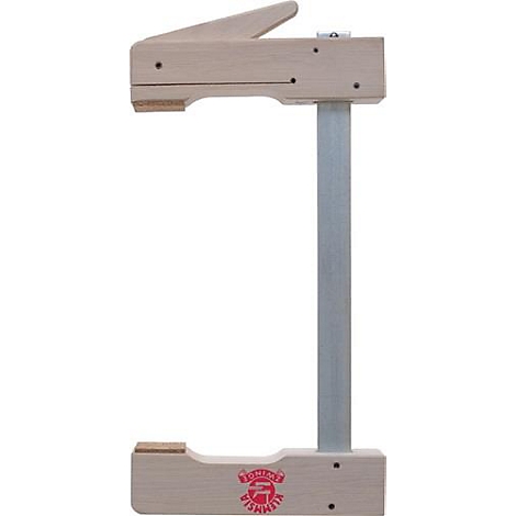 Wooden frame with metal tube. A lever at the top, a red logo with lettering at the bottom.