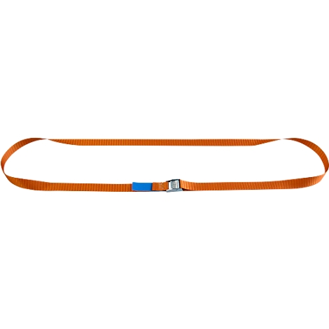Orange fabric band, looped, with blue loop and metal clasp.