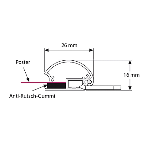 Cross-section of a clamping rail, with dimensions and the labels "Poster" and "Anti-slip rubber".
