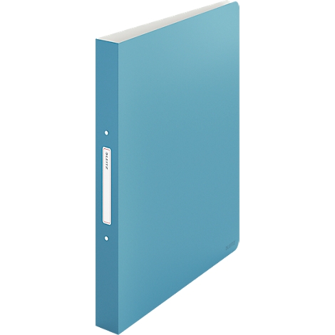 Classeur bleu clair avec intérieur blanc et champ d'étiquette.