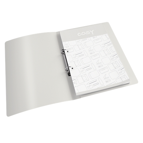 Classeur gris avec lettrage 'cosy' et motifs sur les pages. Un bloc-notes blanc est attaché avec des anneaux métalliques.