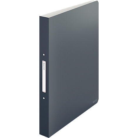 Un classeur gris, légèrement vu de côté. Sur le dos se trouve une étiquette blanche avec le mot 'MARQUE'.