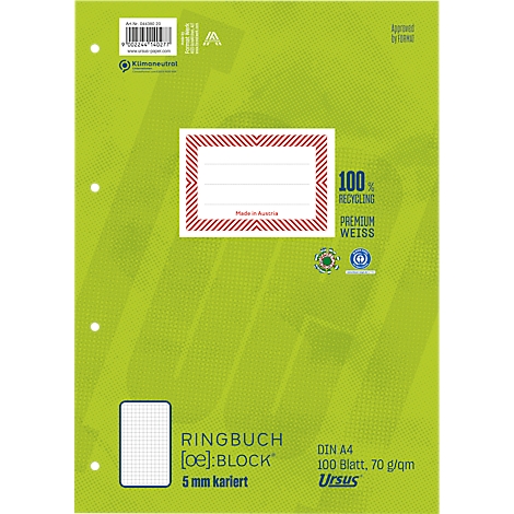 Classeur vert clair avec une étiquette à cadre rouge. Texte : 100 % recyclage, blanc premium. Papier quadrillé. DIN A4.