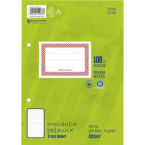 Classeur vert avec étiquette blanche et bordure rouge. Étiquette avec espace pour écrire, texte : classeur, DIN A5, 100 feuilles, 70 g/m².