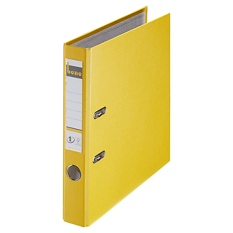 Classeur jaune avec couvercle ouvert. Il y a une étiquette étiquetée sur le côté.