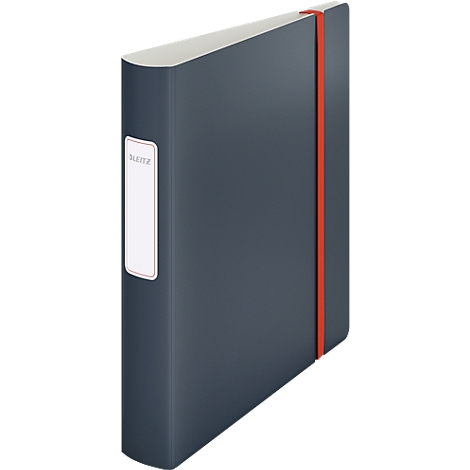Classeur bleu foncé avec élastique rouge, étiquette blanche et le mot "LEITZ".
