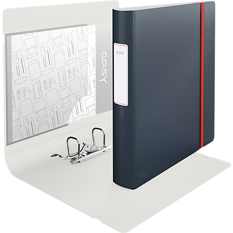 Classeur bleu foncé avec élastique rouge. A côté, un classeur blanc ouvert.