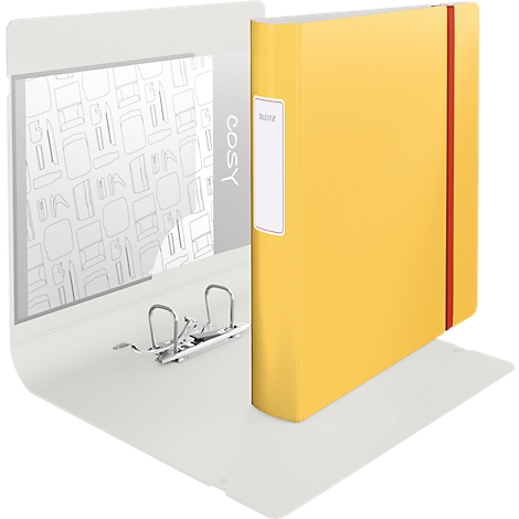 Classeur jaune, blanc à l'intérieur, avec un élastique rouge. Sur le classeur, il est écrit "COSY".